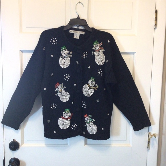 Victoria Jones Snowman Christmas Beaded Long Sleeve Cardigan Sweater Medium - Picture 5 of 6